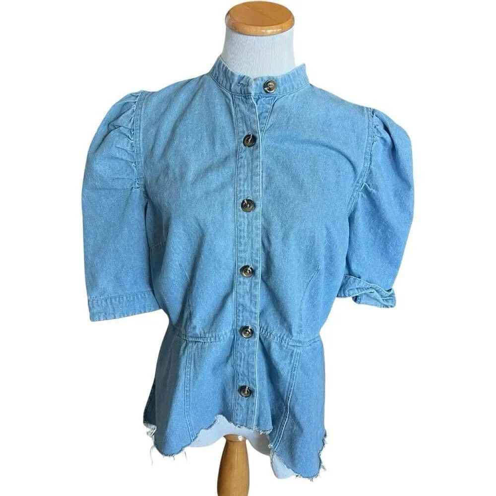 Womens Who What Wear Chambray Button Down Raw Hem Puff Sleeve Jean Shirt - Sz L